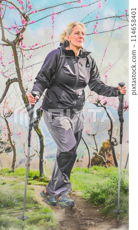 Drawing of a blonde woman in her fifties doing Nordic walking and active lifestyle on a hillside surrounded by blossoming peach trees, vertical portrait 114658401