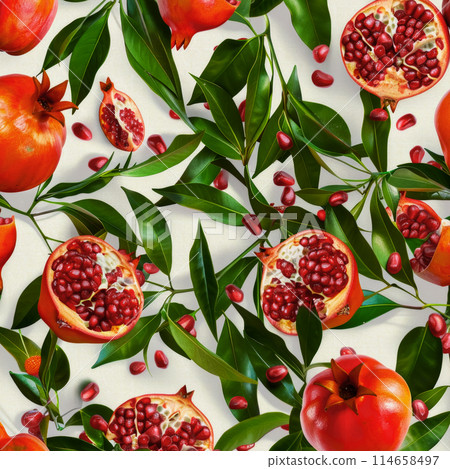 Watercolor drawing in Art Nouveau style, background of intertwined pomegranate leaves and ripe and halved fruits, idea for mockup Watercolor drawing in Art Nouveau style, background of intertwined pomegranate leaves and ripe and halved fruits, idea for mockup 114658497