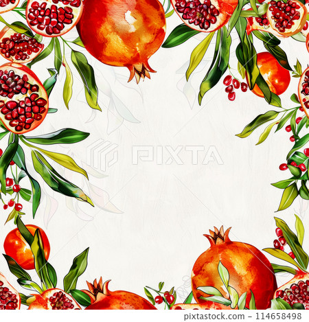 Watercolor in Art Nouveau style, background of intertwined pomegranate leaves and ripe pomegranate fruits, free space for mockup in the center of the card Watercolor in Art Nouveau style, background of intertwined pomegranate leaves and ripe pomegranate fruits, free space for mockup in the center of the card 114658498