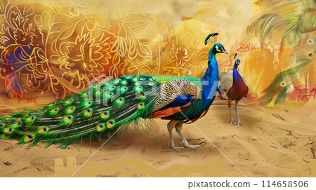 Gorgeous peacocks on watercolor orange background, idea for interior decoration or wallpaper 114658506