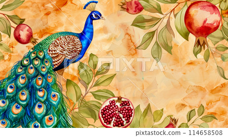 Drawing with a peacock and ripe pomegranates, an idea for a background or for a mural in the interior, oriental style, watercolor orange background Drawing with a peacock and ripe pomegranates, an idea for a background or for a mural in the interior, oriental style, watercolor orange background 114658508