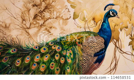 Portrait of a beautiful peacock with a bright giant tail dancing on a sand-colored background with floral patterns, wallpaper idea Portrait of a beautiful peacock with a bright giant tail dancing on a sand-colored background with floral patterns, wallpaper idea 114658531