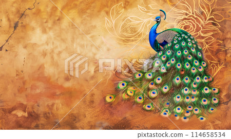 Web poster with a beautiful peacock with a bright giant tail dancing on a sand-colored background, copy space for text Web poster with a beautiful peacock with a bright giant tail dancing on a sand-colored background, copy space for text 114658534