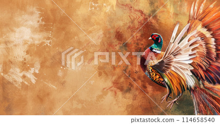 Banner with pheasant taking off, rich terracotta background with copy space for concept writing, art deco watercolor bird card Banner with pheasant taking off, rich terracotta background with copy space for concept writing, art deco watercolor bird card 114658540