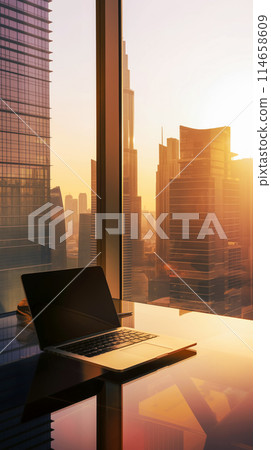 Office interior photography view of modern futuristic city center at sunset, desktop with open laptop in front of window in office, vertical wallpaper 114658609