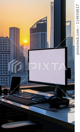 Photo of a desktop with a computer with a monitor with a white blank screen for mockup, a keyboard and headphones on the table, a sunset sky background with skyscrapers in a futuristic city center Photo of a desktop with a computer with a monitor with a white blank screen for mockup, a keyboard and headphones on the table, a sunset sky background with skyscrapers in a futuristic city center 114658617
