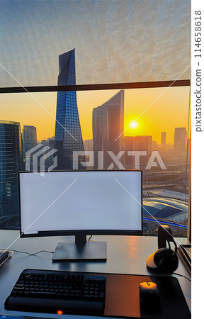 Monitor with white blank screen for mockup on desktop against window with sunset sky background with skyscrapers in futuristic city center, vertical poster Monitor with white blank screen for mockup on desktop against window with sunset sky background with skyscrapers in futuristic city center, vertical poster 114658618