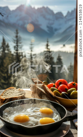 Beautiful shot of scrambled eggs on a cast iron frying pan with eggs steam rising above the frying pan, toast, gherkins and fresh tomatoes, alpine landscape with snow-capped mountains and forest Beautiful shot of scrambled eggs on a cast iron frying pan with eggs steam rising above the frying pan, toast, gherkins and fresh tomatoes, alpine landscape with snow-capped mountains and forest 114658619