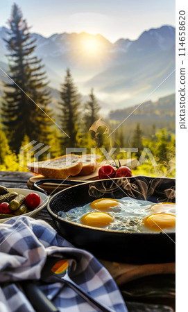 Early morning breakfast, cast iron frying pan with eggs, toast, gherkins and fresh tomatoes, and a mountain gorge in the Alps, vertical poster Early morning breakfast, cast iron frying pan with eggs, toast, gherkins and fresh tomatoes, and a mountain gorge in the Alps, vertical poster 114658620