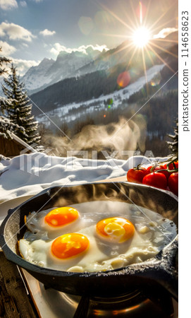 Magnificent view of the snowy mountains, breakfast with fresh bread and fried eggs of four eggs, steam rising above the dish, vacation and skiing in the Alps, vertical poster 114658623