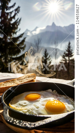 Fried egg for breakfast with a magnificent view of the snowy mountains, vacation in the mountains and skiing in the alps, vertical poster Fried egg for breakfast with a magnificent view of the snowy mountains, vacation in the mountains and skiing in the alps, vertical poster 114658627