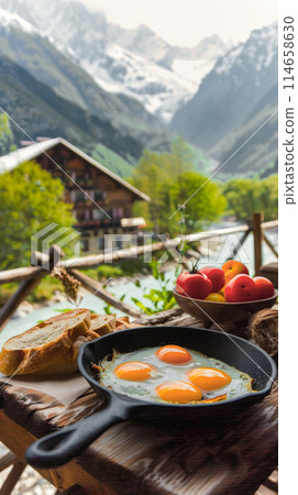 Fried eggs in a frying pan and fresh vegetables on the table, breakfast in a tavern in a chateau in the mountains, travel along popular routes, beautiful views of the river and valley, vertical poster 114658630