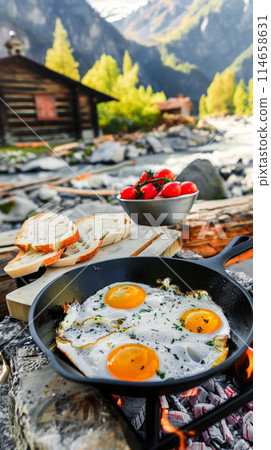 Eggs are fried in a cast iron frying pan over a fire, overnight in a hut while hiking in the mountains, traveling along popular routes, beautiful views of the river and the valley 114658631