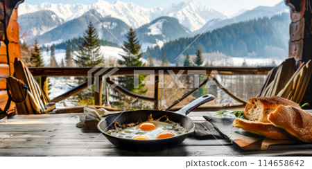 Breakfast on the veranda in a chateau made from fried eggs on a cast iron frying pan, next to fresh country bread, a magnificent view of the snow-capped mountain peaks Breakfast on the veranda in a chateau made from fried eggs on a cast iron frying pan, next to fresh country bread, a magnificent view of the snow-capped mountain peaks 114658642