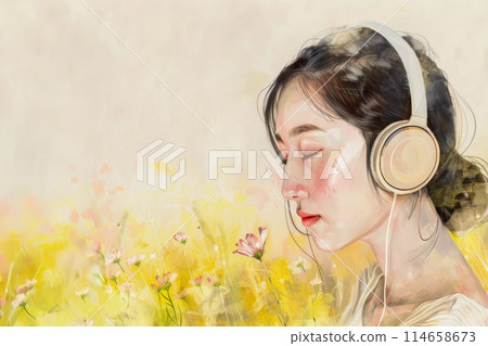 Self-immersion and analysis of mental health after trauma and stressful work, watercolor drawing of a portrait of a young beautiful Chinese woman in a spring meadow and enjoying music with headphones 114658673