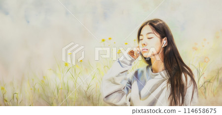 mental health recreation and recovery center advertisement, banner with portrait of young beautiful east asian woman in spring meadow and enjoying music on headphones, copy space for concept mental health recreation and recovery center advertisement, banner with portrait of young beautiful east asian woman in spring meadow and enjoying music on headphones, copy space for concept 114658675