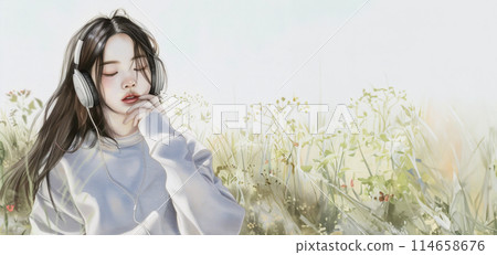 Banner with a portrait of a young beautiful East Asian woman in a spring meadow and enjoying music on headphones, copy space about mental health recreation and recovery advertising, air baths 114658676