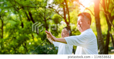 Two adult smiling senior East Asian men at daily gymnastics class in the park, gymnastics as a way of life, seniors training tai chi to improve health Two adult smiling senior East Asian men at daily gymnastics class in the park, gymnastics as a way of life, seniors training tai chi to improve health 114658682