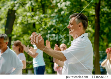 European pensioners training tai chi in the park for health, activity or exercise to improve health or fitness as a lifestyle, natural summer panorama 114658683