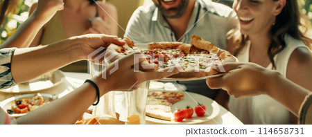 Group of people sharing pizza, laughing and enjoying food together in a cafe, meeting friends at a party, banner with idea for advertising on website 114658731