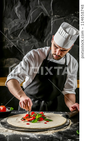 Chef prepares calzone, rolls out dough and adds generous portions of filling, traditional pastry with cheese and salami, menu poster or food delivery advertisement, vertical poster 114658748