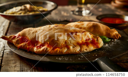 Italian calzones on a baking sheet close-up, traditional pastry filled with cheese and salami, poster for menu or food delivery advertisement 114658750