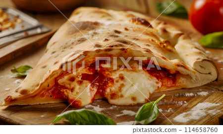 Delicious calzone with melted mozzarella cheese and spicy filling, baked until golden crisp on table in an Italian trattoria, menu or advertisement for the delivery of fresh pastries from a pizzeria Delicious calzone with melted mozzarella cheese and spicy filling, baked until golden crisp on table in an Italian trattoria, menu or advertisement for the delivery of fresh pastries from a pizzeria 114658760