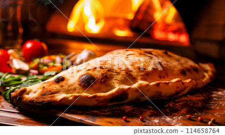 Cooking calzones in a traditional wood-fired oven, delicious and aromatic Italian closed pizza, lunch in a tavern or advertising delivery Cooking calzones in a traditional wood-fired oven, delicious and aromatic Italian closed pizza, lunch in a tavern or advertising delivery 114658764