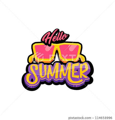 Groovy Hello summer vector logo with text and vintage retro yellow sunglasses isolated on background. Groovy Hello summer label, icon, print, banner design template with funny cartoon sunglasses Groovy Hello summer vector logo with text and vintage retro yellow sunglasses isolated on background. Groovy Hello summer label, icon, print, banner design template with funny cartoon sunglasses 114658996