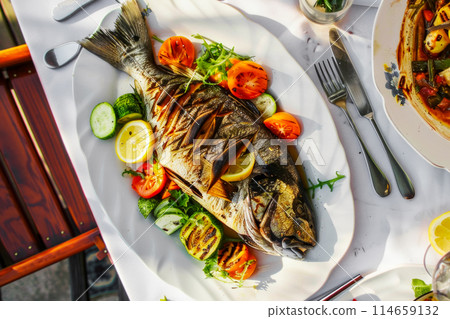 top view of a table with delicious grilled dorado, served with a colorful mixture of vegetables and a zesty slice of lemon, Mediterranean diet top view of a table with delicious grilled dorado, served with a colorful mixture of vegetables and a zesty slice of lemon, Mediterranean diet 114659132