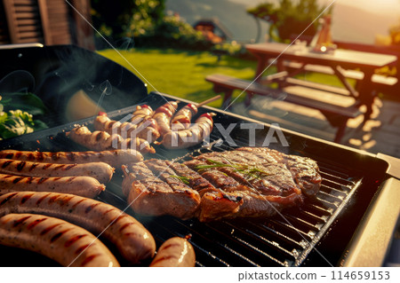 Ribeye steaks, German sausages and chicken breasts grilling in the backyard of a house, barbecue party on a bright sunny day, party invitation poster Ribeye steaks, German sausages and chicken breasts grilling in the backyard of a house, barbecue party on a bright sunny day, party invitation poster 114659153