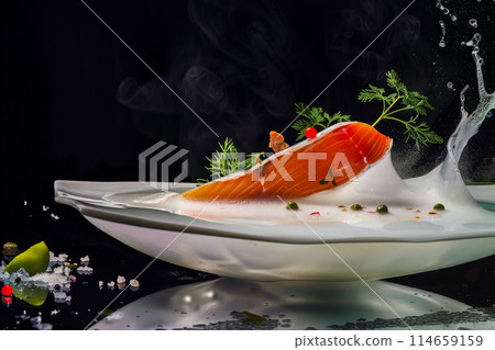 The molecular gastronomic journey of wild salmon steak, capturing the painstaking process of taking this classic dish to new heights of molecular gastronomy 114659159