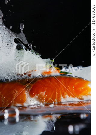 Vertical poster, trout dish design for an unforgettable culinary experience using molecular cooking, foaming and gelling techniques 114659165