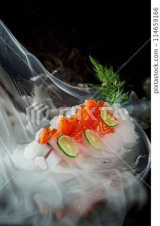 Cook trout for an unforgettable culinary experience using molecular cooking, foaming and gelling techniques, opening up new possibilities for creating dishes that delight both palate and the senses 114659166