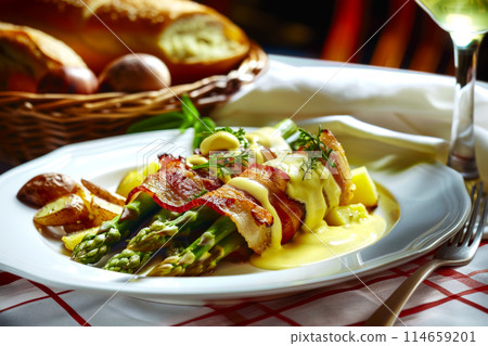 A tempting dish of asparagus wrapped in bacon and potatoes, garnished with a velvety cheese sauce on a table in a cozy cafe A tempting dish of asparagus wrapped in bacon and potatoes, garnished with a velvety cheese sauce on a table in a cozy cafe 114659201