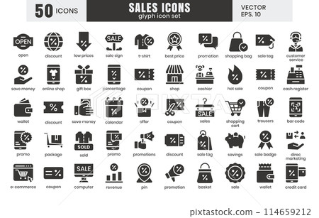 Sales icons set.E-commerce online shopping glyph icons vector 114659212