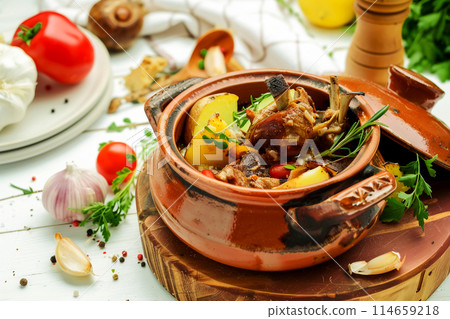 Kleftiko is a popular dish from Cyprus made with tender lamb, aromatic herbs and spices in a clay pot, the epitome of Mediterranean culinary perfection, simmered to succulent perfection. 114659218