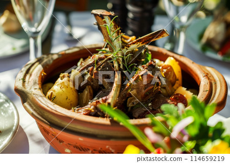 A delicious dish of tender lamb baked in a clay pot brings back memories of lazy holiday days on the popular Greek islands, tavern and restaurant advertising idea A delicious dish of tender lamb baked in a clay pot brings back memories of lazy holiday days on the popular Greek islands, tavern and restaurant advertising idea 114659219