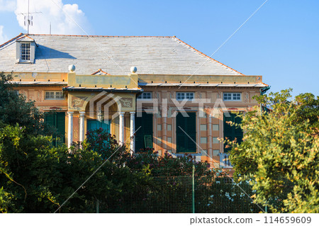vintage villa with green shutters and ornate columns vintage villa with green shutters and ornate columns 114659609