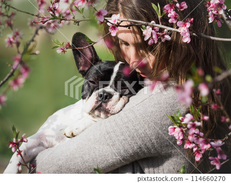 Cute woman holding a puppy in the park Cute woman holding a puppy in the park 114660270
