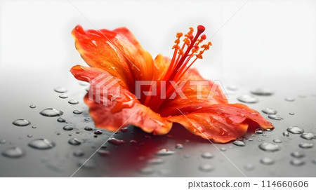 Macro shot close up flower of orange Hibiscus rosa-sinensis or shoeblack plant with some water drops isolated on white background. 114660606
