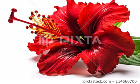 Macro shot close up flower of red Hibiscus rosa-sinensis or shoeblack plant isolated on white background. Macro shot close up flower of red Hibiscus rosa-sinensis or shoeblack plant isolated on white background. 114660700