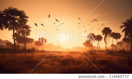 Meadow landscape with coconut trees on the left and right, golden hour evening sunset, silhouettes of birds flying above it. 114660737
