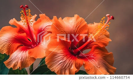 Macro shot close up flower of orange Hibiscus rosa-sinensis or shoeblack plant with some water drops isolated on brown background. 114660754