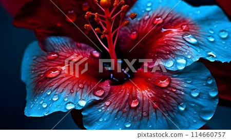 Macro shot close up flower of red blue hybrid Hibiscus rosa-sinensis or shoeblack plant with some water drops isolated on nature background. Macro shot close up flower of red blue hybrid Hibiscus rosa-sinensis or shoeblack plant with some water drops isolated on nature background. 114660757
