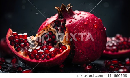 Sliced of red pomegranate or Punica granatum fruit with water splashing black background. Sliced of red pomegranate or Punica granatum fruit with water splashing black background. 114660768