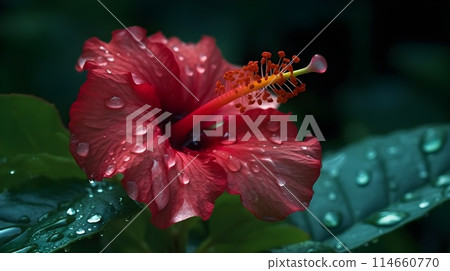 Macro shot close up flower of red Hibiscus rosa-sinensis or shoeblack plant with some water drops isolated on nature background. Macro shot close up flower of red Hibiscus rosa-sinensis or shoeblack plant with some water drops isolated on nature background. 114660770