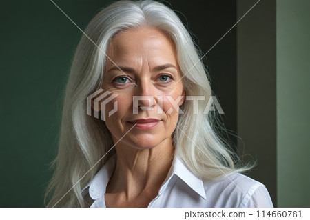 Half-length portrait of a 60-year-old confident and smiling classy female with white hair and green eyes 114660781