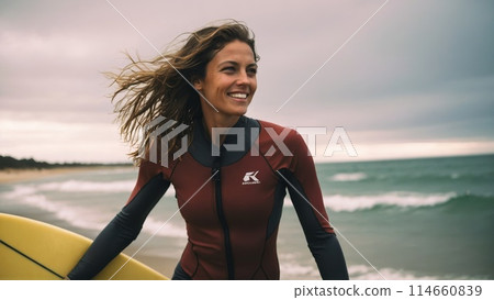 Portrait of cheerful surfer woman on the beach Portrait of cheerful surfer woman on the beach 114660839