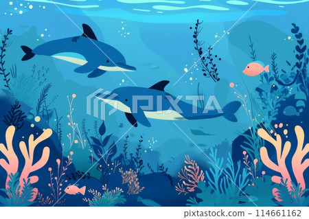 與海豚、魚和海藻的水下背景 114661162